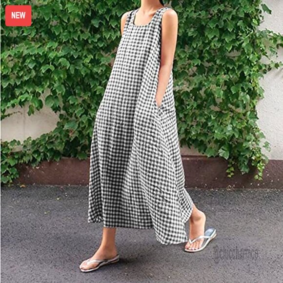 Loose-Fit Cotton Plaid Maxi Dress with Pockets, Sleeveless Boho Sundress - Picture 2 of 5